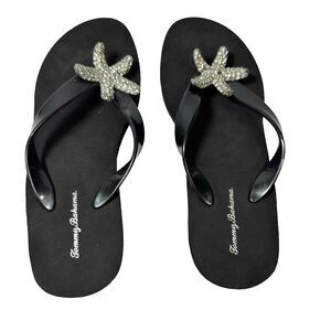 Tommy Bahama Starfish Wedge Flip Flops Black Rhinestone Crystal Sandals Sz 8